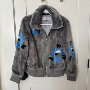 Gray Faux Fur Jacket with Blue Floral Accents